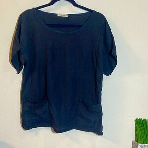 Francesca Bettini Linen Navy Short Sleeve Pocket Shirt Blouse Medium